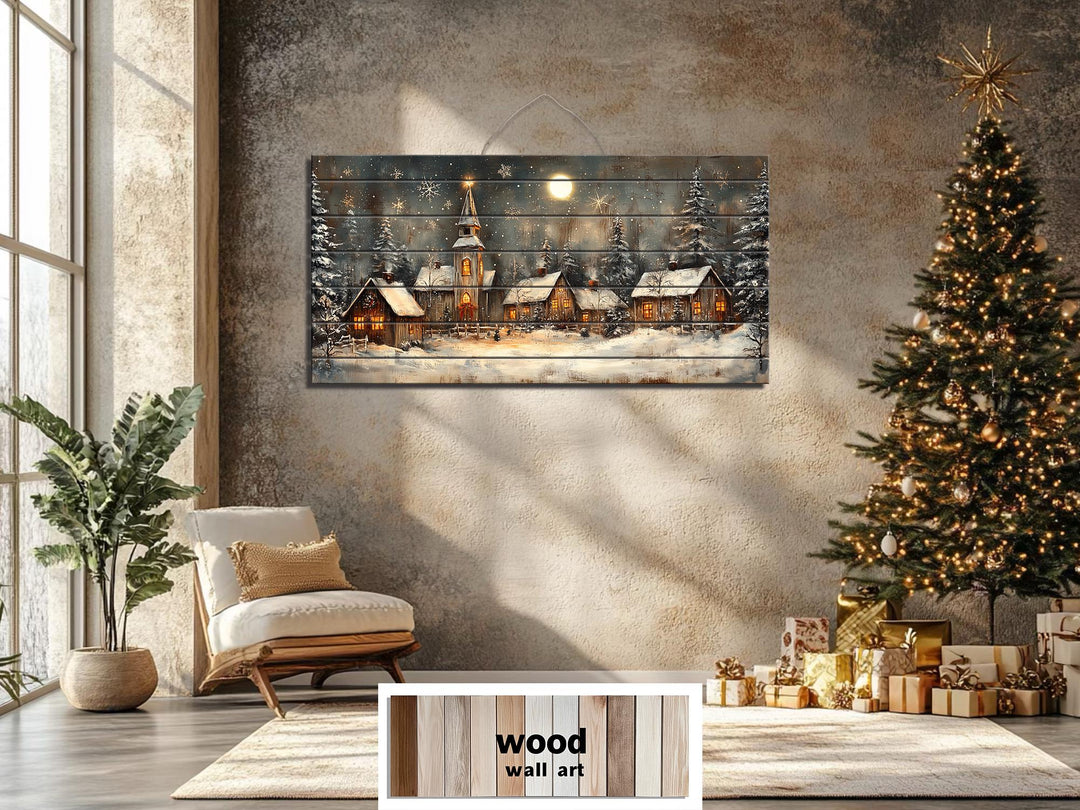 Rustic Christmas Snowy Village Distressed Wood Wall Art
