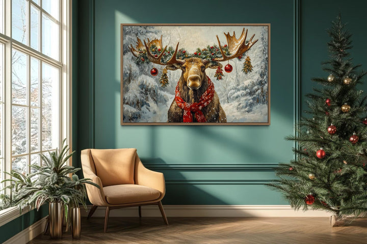 Christmas Moose With Red Scarf And Ornaments Canvas Wall Art