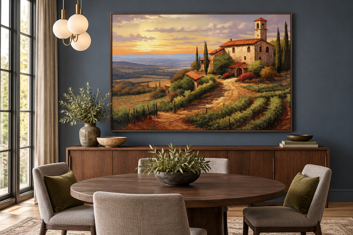 Framed canvas wall art of a Tuscan landscape with a stone villa and vineyards in a dining room.
