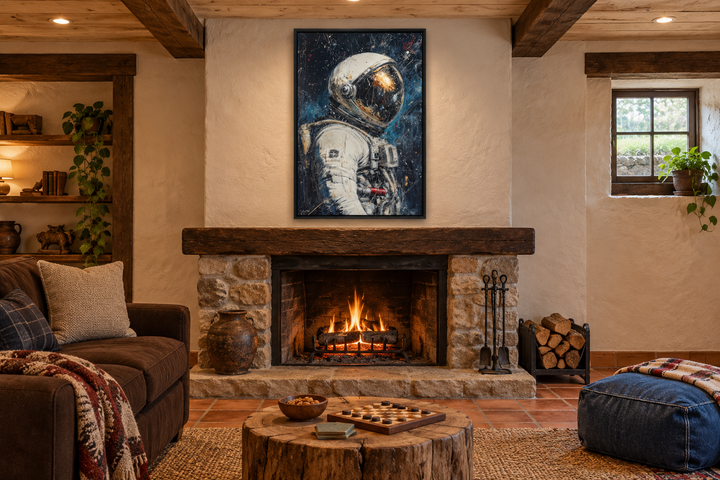 Astronaut Graffiti Framed Canvas Wall Art hanging above a rustic stone fireplace in a cozy room.