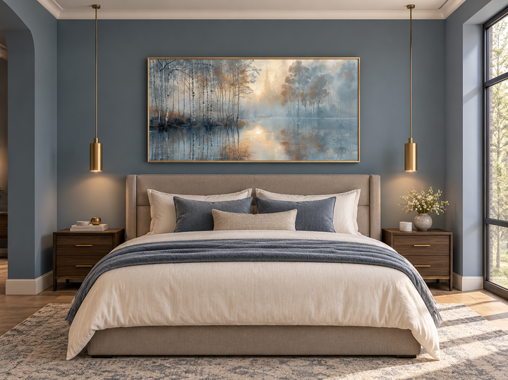 Birch Trees Wall Art in a gold frame above a bed in a modern blue and taupe bedroom.