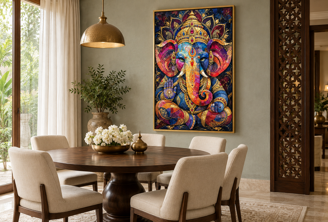 Colorful modern Lord Ganesha framed canvas wall art in a contemporary dining room setting.