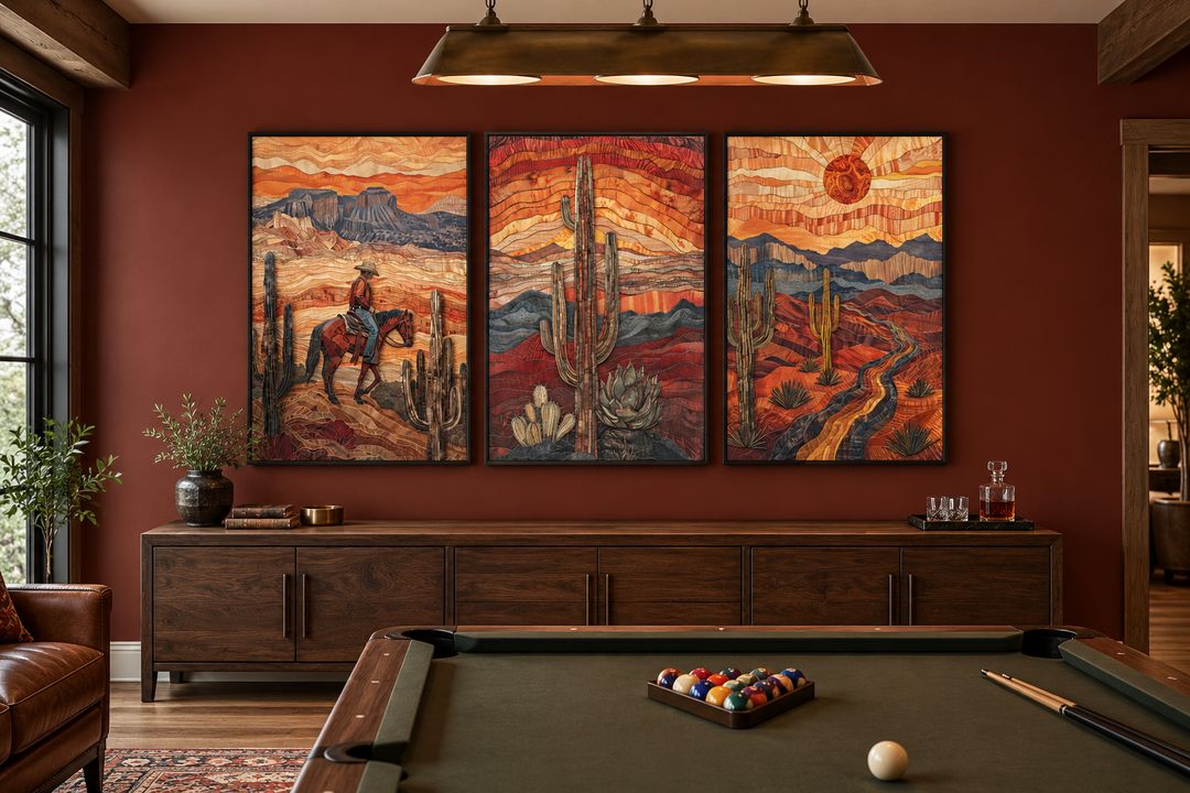 3-piece southwestern canvas wall art set featuring a cowboy, saguaro cacti, and Arizona desert.