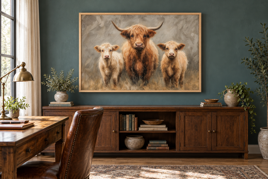 Highland Cow and Two Calves canvas wall art in an oak frame above a wooden sideboard.