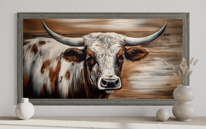 Rustic Longhorn Bull Wall Art With Barnwood Driftwood Frame For Farmhouse Decor