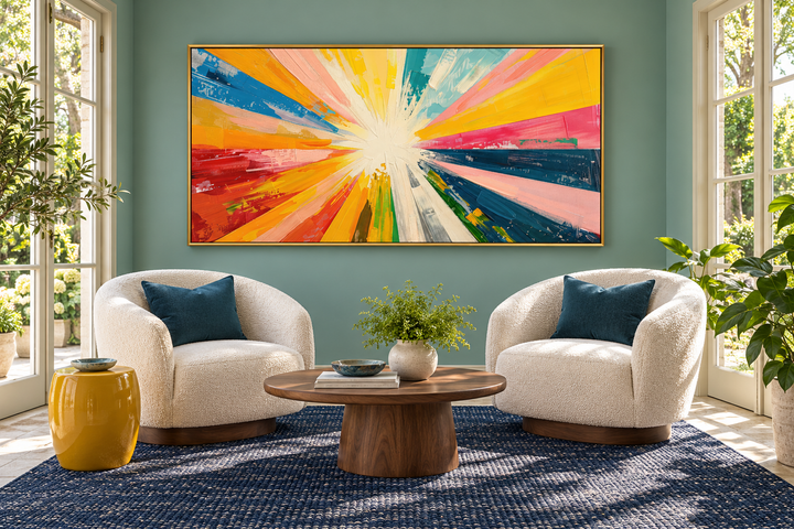 Boho Sun Rays Wall Art, a multicolored framed canvas print above two white chairs in a living room.