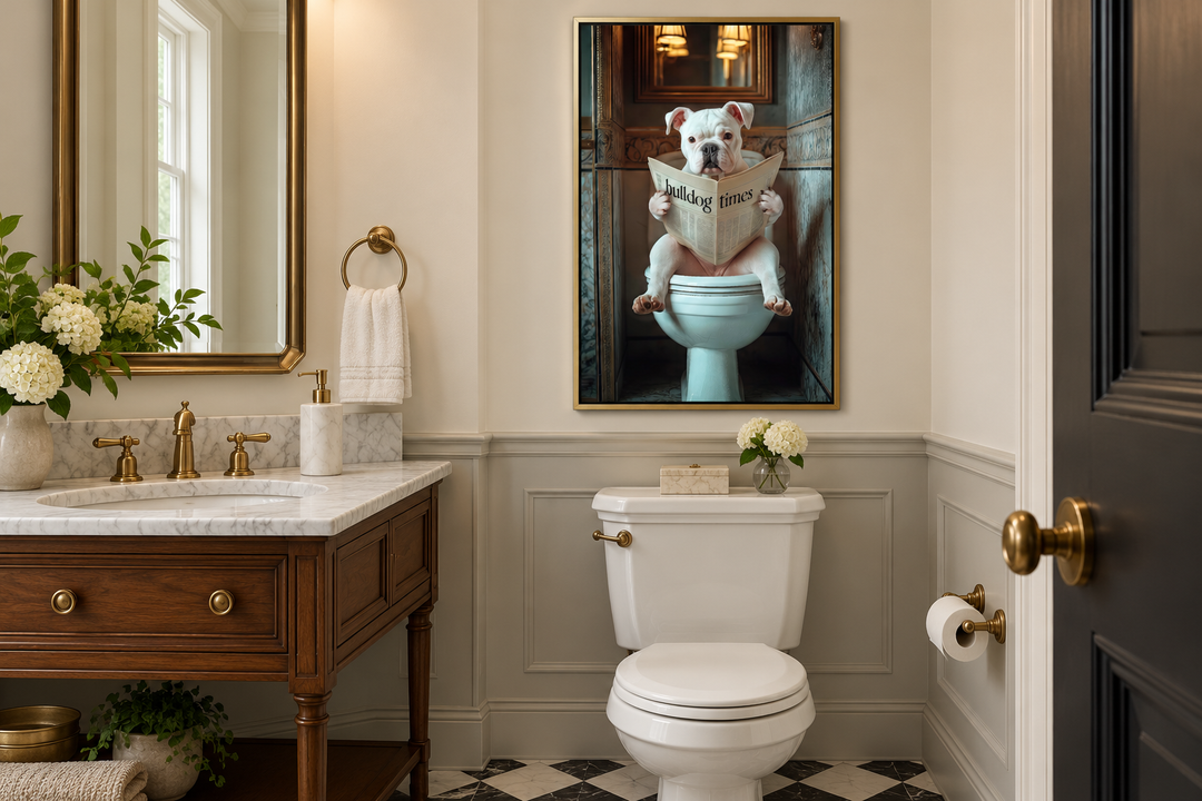 Framed wall art of an American Bulldog reading a newspaper on a toilet in a classic bathroom.