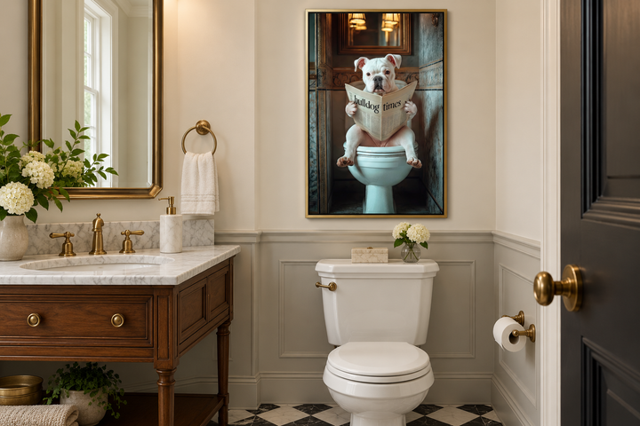 Framed wall art of an American Bulldog reading a newspaper on a toilet in a classic bathroom.