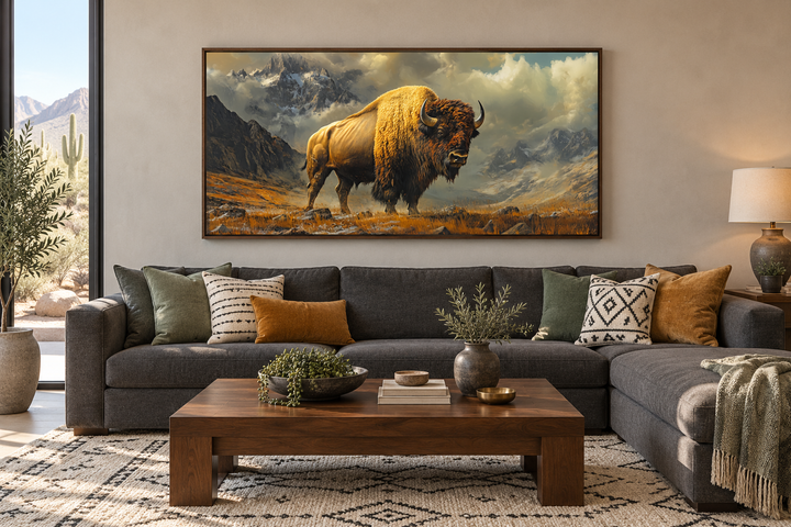 Framed canvas wall art of an American bison standing in a rugged mountain landscape.