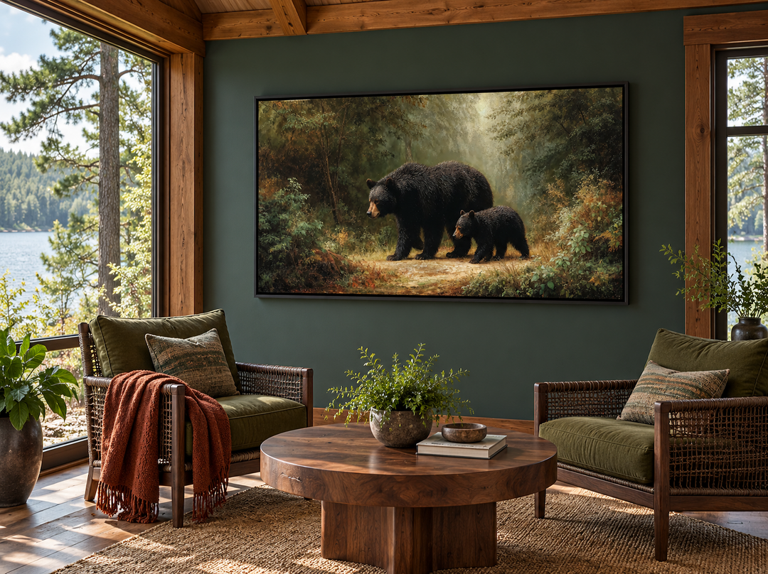 Black mama bear and cub walking through a sunlit forest on a horizontal canvas wall art.