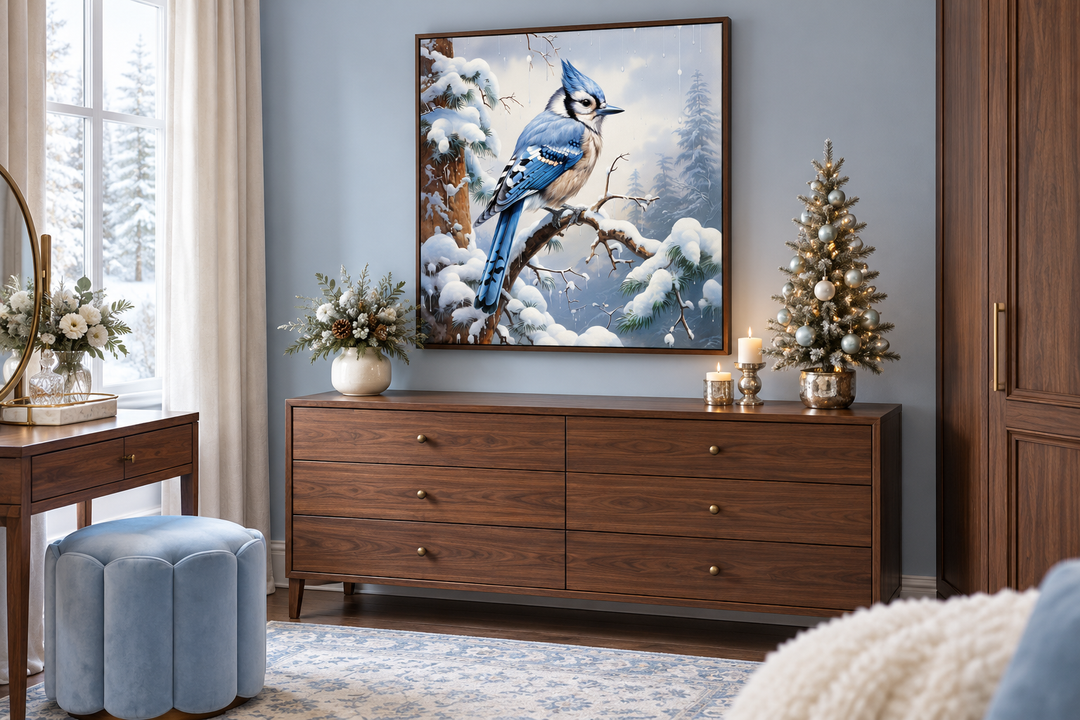Blue Jay In Snow Winter Framed Canvas Wall Art For Christmas Decor