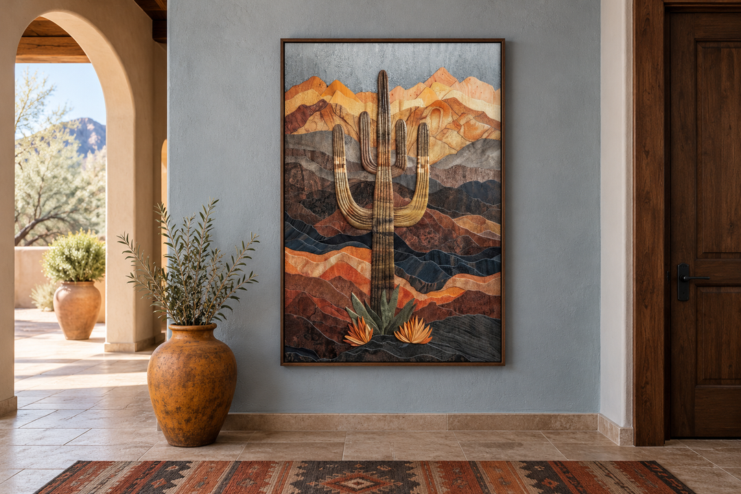 Saguaro cactus wood-style wall art in a walnut frame on a blue wall in a southwestern hallway.