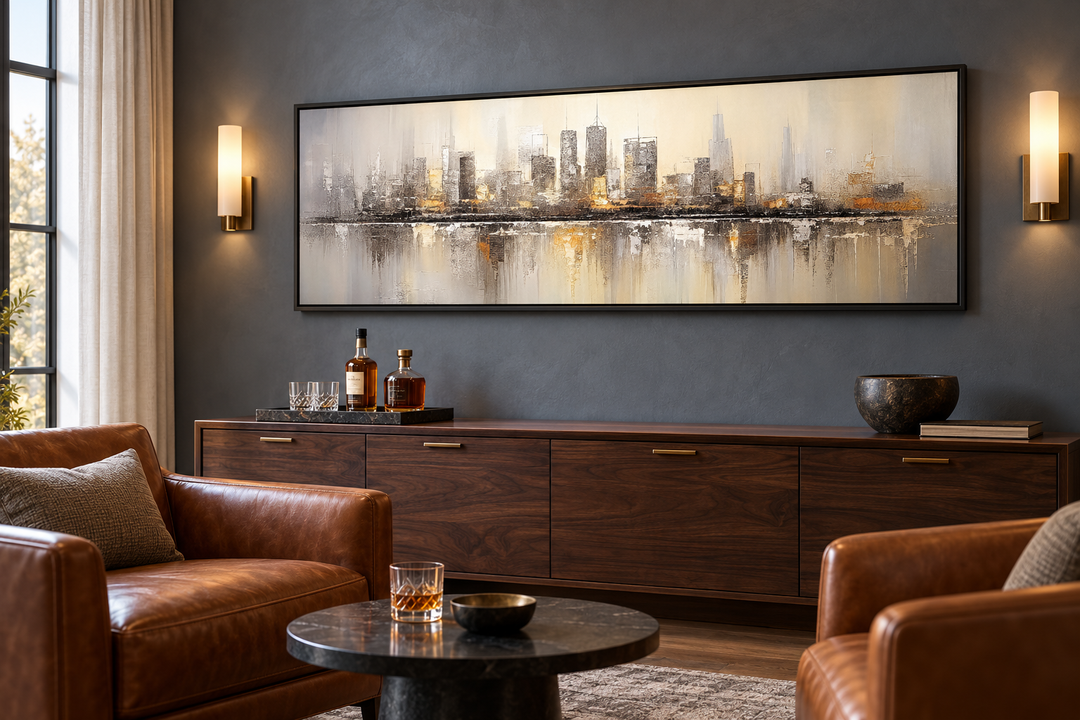 Gold and silver abstract Chicago skyline horizontal wall art in a black frame over a wooden console.