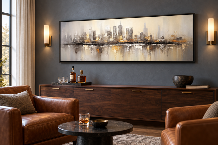 Gold and silver abstract Chicago skyline horizontal wall art in a black frame over a wooden console.