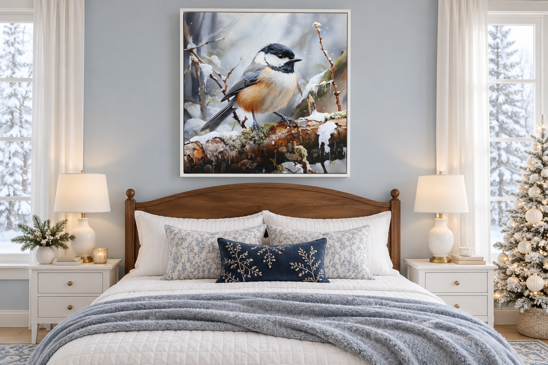Toile encadrée représentant une mésange dans la neige en hiver 