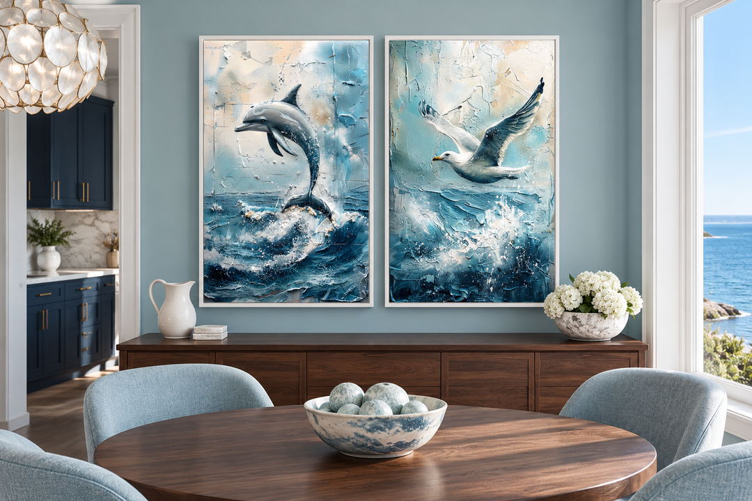 Set of 2 abstract coastal framed canvas art featuring a leaping dolphin and a soaring seagull.