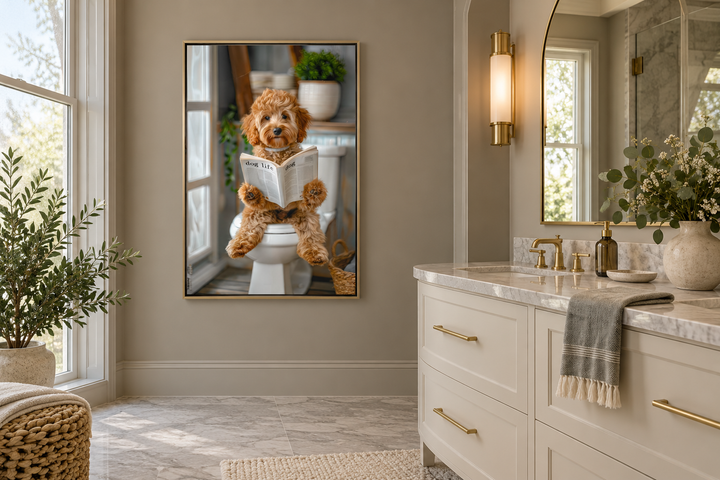 Framed wall art of a Cockapoo dog sitting on a toilet reading a newspaper in a modern bathroom.