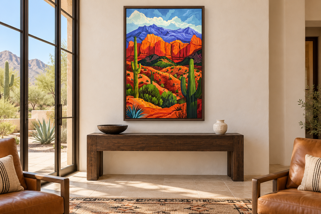 Colorful desert and saguaro cactus framed canvas wall art hanging above a wooden console table.