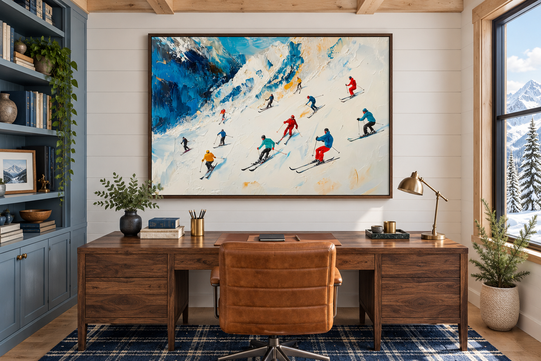 Colorful Skiers on Mountain Slope Framed Canvas Wall Art above a wooden desk in a home office.
