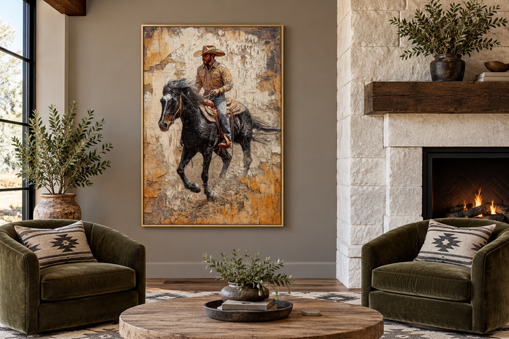 Cowboy on horseback canvas wall art in a gold frame above a fireplace in a rustic living room.