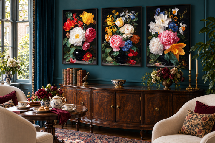 Set of 3 dark academia vintage botanical floral canvas prints on a teal wall in a moody tea room.