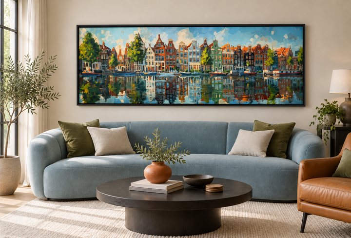 Dutch Houses And Canal Panoramic Framed Canvas Wall Art