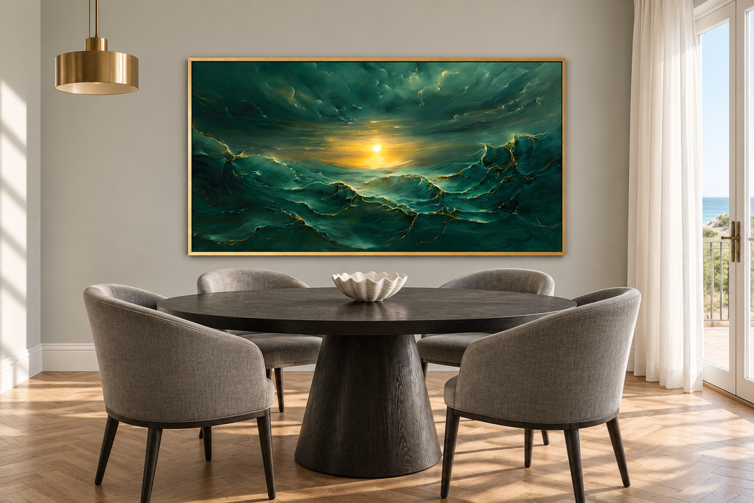 Abstract emerald green and gold ocean wave framed canvas wall art in a modern dining room.
