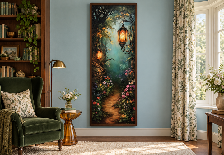 Tall narrow framed wall art of an enchanted forest pathway with glowing lanterns in a reading room.