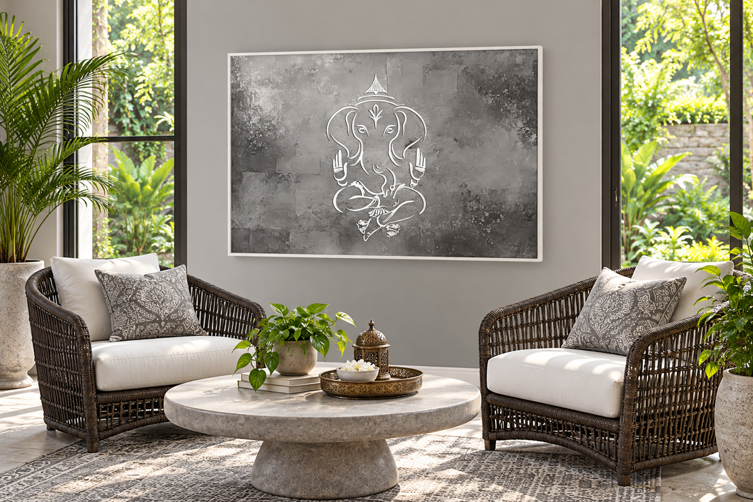 Grey silver white minimalist Lord Ganesh framed canvas wall art in a modern sunroom setting.