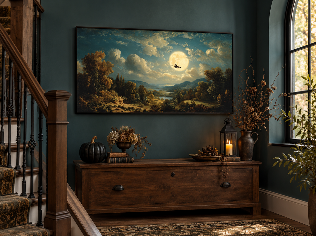 Hexe auf Besen – Halloween-Wandbild – Gotische Vollmondlandschaft