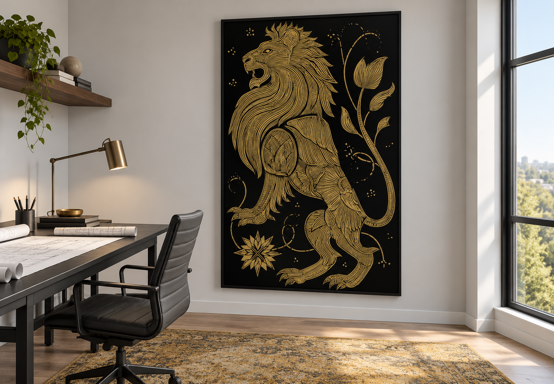 A large black and gold heraldic lion canvas print hangs on a wall in a modern home office.