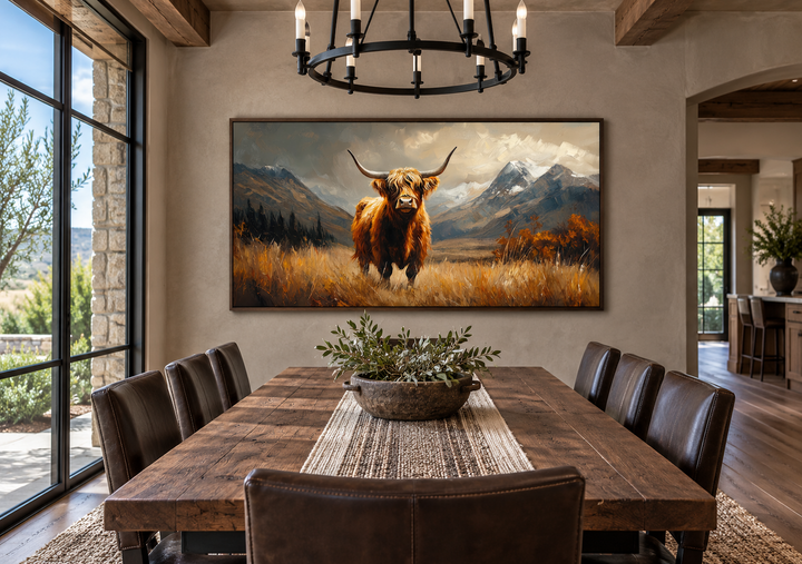 Leinwandbild „Highland Cow“ auf brauner Landschaft, gerahmt