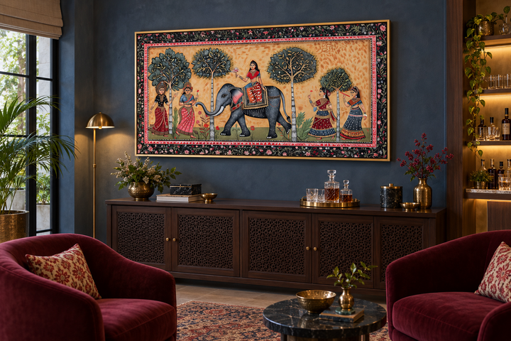 Framed Madhubani style canvas wall art featuring a majestic Indian elephant and women with flowers.