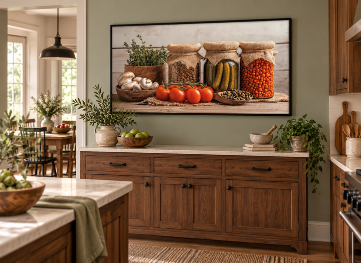 Spices and pickles framed canvas wall art displayed in a rustic farmhouse kitchen.