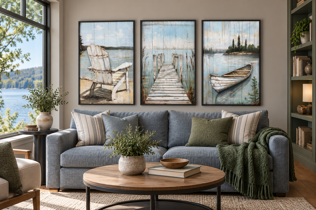 Set of 3 rustic lake house wall art featuring a fishing dock, old boat, and Adirondack chair.