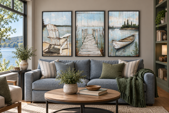 Set of 3 rustic lake house wall art featuring a fishing dock, old boat, and Adirondack chair.