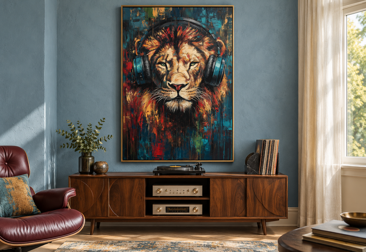 Lion DJ with headphones framed wall art above a wooden media console in a modern music room.