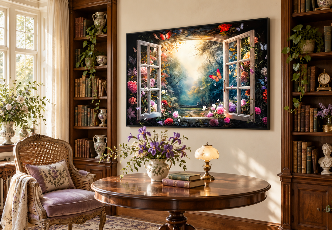 Enchanted forest view from an open window wall art in a black frame above a wooden table.