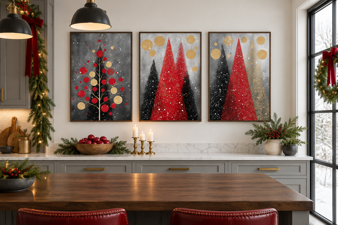 Set of 3 modern Christmas canvas prints featuring red, black, and gold holiday trees in a kitchen.