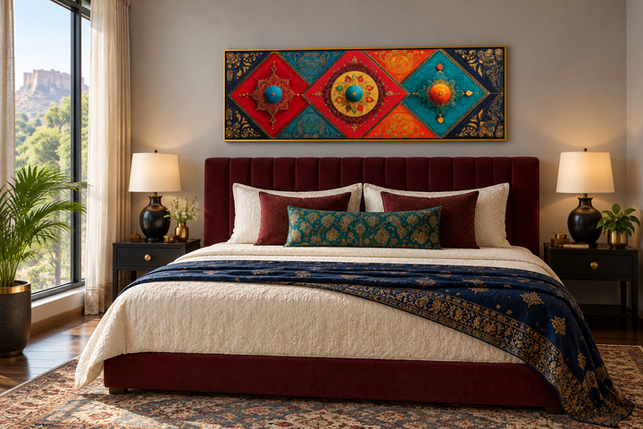 Modern long horizontal Indian canvas wall art with colorful geometric patterns above a bed.