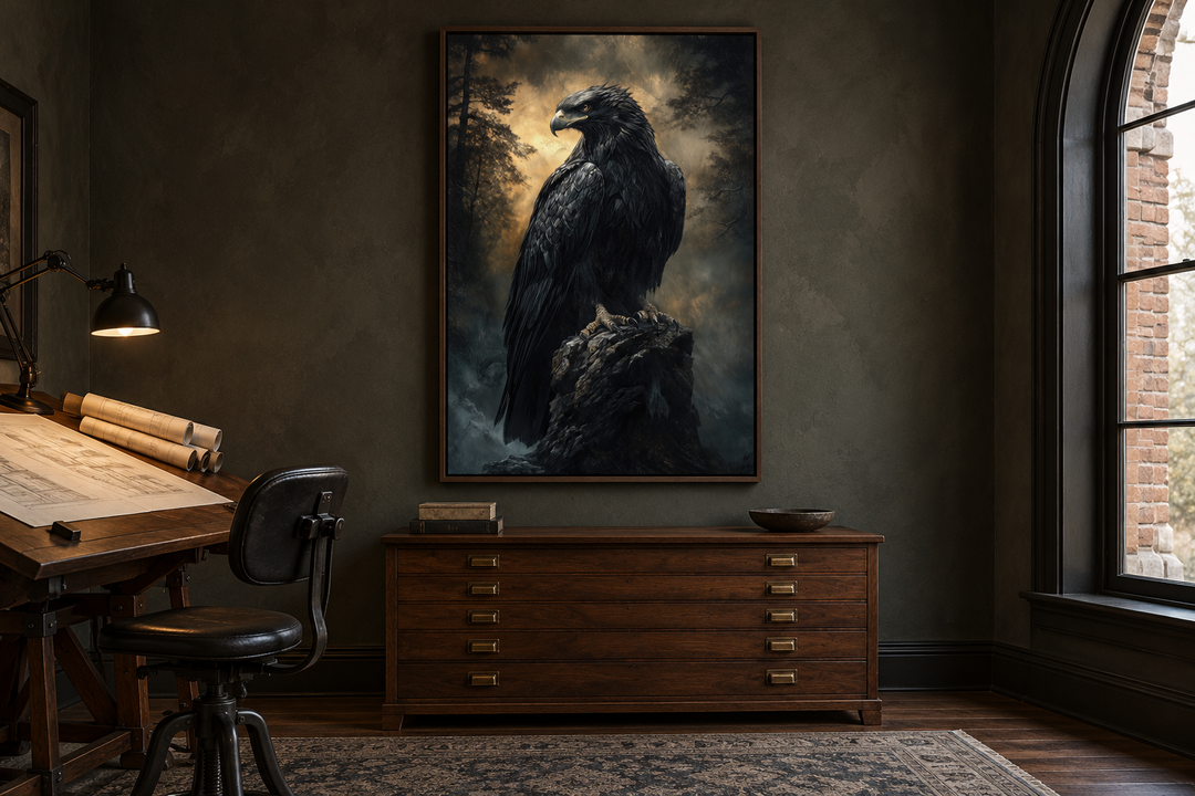Moody dark gothic eagle framed canvas wall art hanging above a wooden dresser in a dark office.