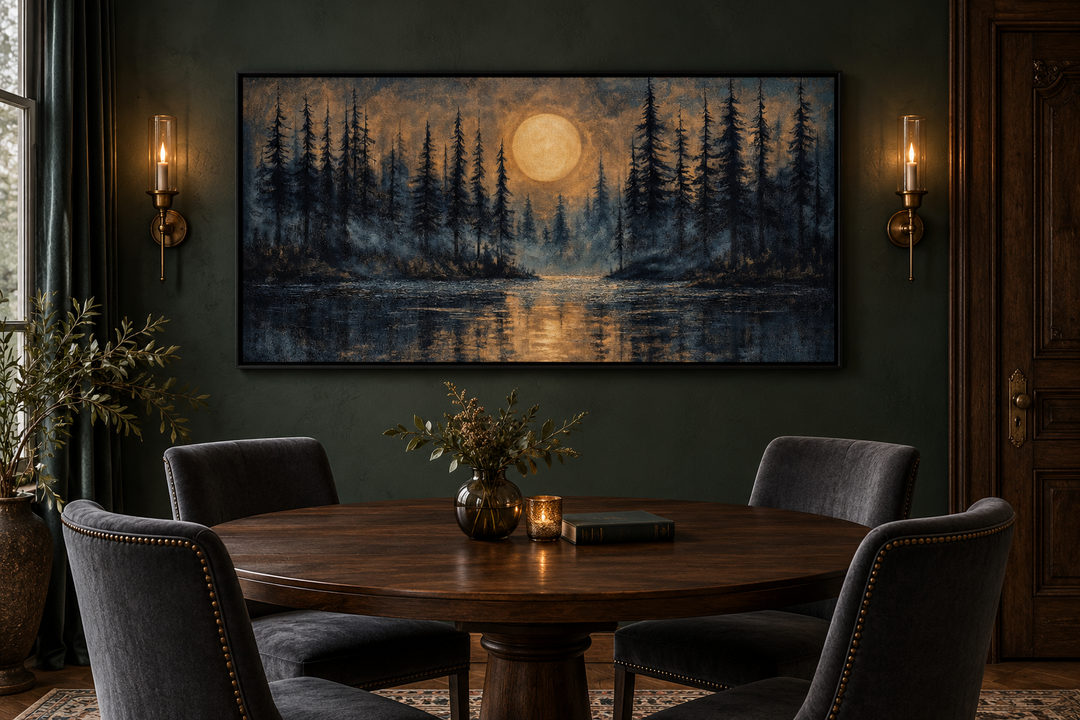 Moody moon over pine forest and lake at night wall art in a dark dining room setting.