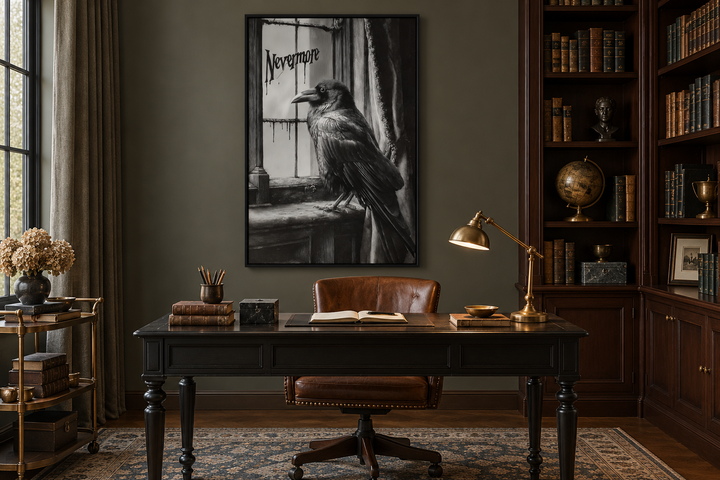 Nevermore gothic wall art with a raven in a black frame above a dark wood desk in a library.