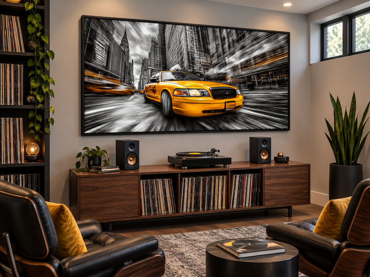 New York City yellow taxi graffiti style canvas wall art in a black frame above a media console.