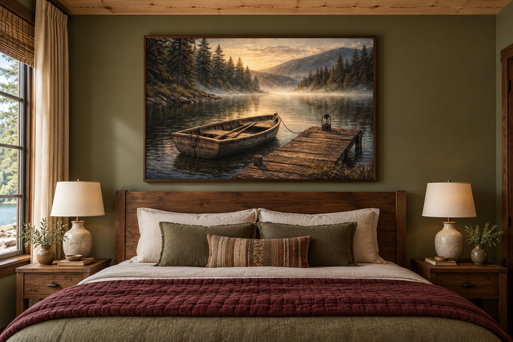 Rustic rowboat painting on canvas above a bed in a cozy, olive-green lakehouse bedroom.