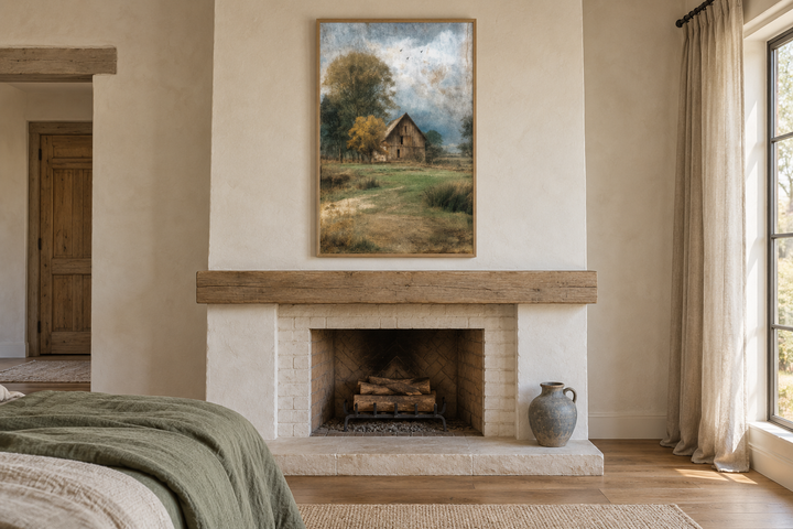 Vertical rustic farmhouse canvas print of a weathered barn in a peaceful countryside landscape.