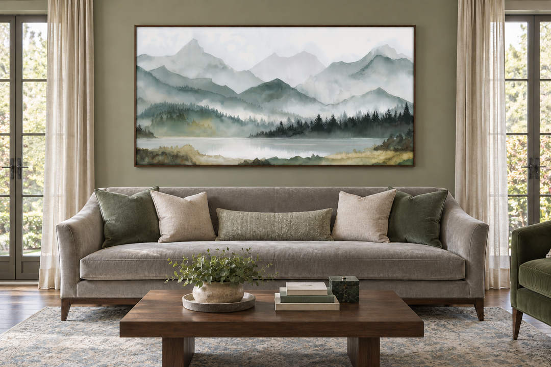 Sage green mountain lake landscape framed canvas wall art above a sofa in a living room.