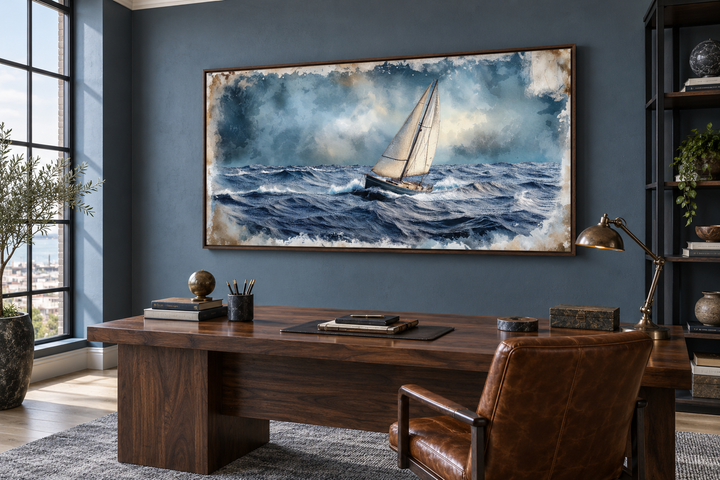 Sailboat in the ocean framed canvas nautical wall art in a walnut frame above a wooden office desk.