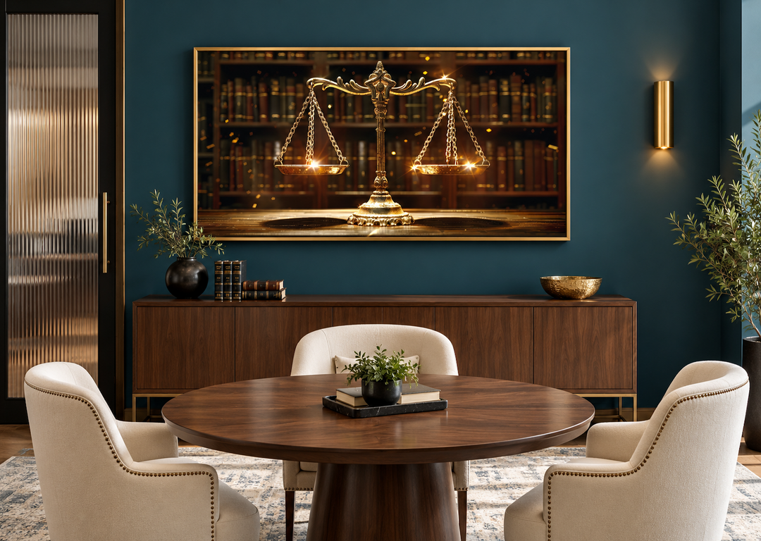 Framed canvas print of golden scales of justice in a law office above a wooden sideboard.