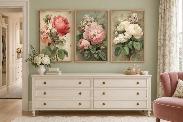 Set of 3 vintage botanical wall art prints featuring pink and white roses above a white dresser.
